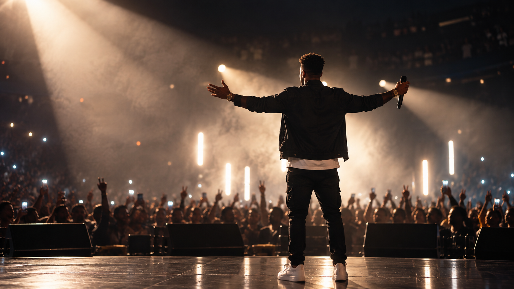 Artist performing under stage lights